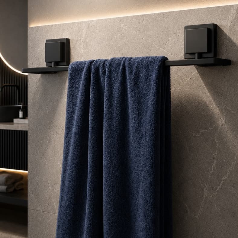 Porta Toalha Banheiro Preto 50cm Adesivo 3M Sem Furo Arthi Black Aço Banheiro e Cozinha