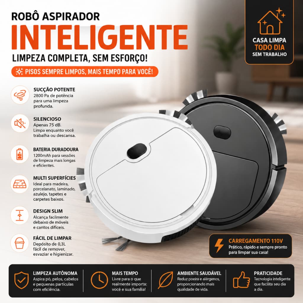 Robô Aspirador Inteligente Portátil Recarregável 110V - Limpeza Doméstica Silenciosa para Pisos