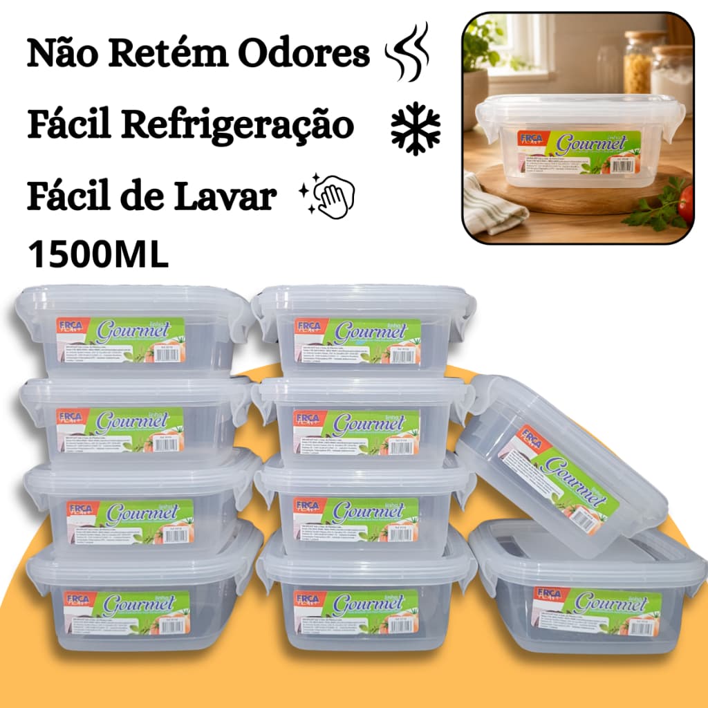 Kit 10 Pote Marmita Hermético 1500ml Quadrado Tampa com Trava Livre de BPA
