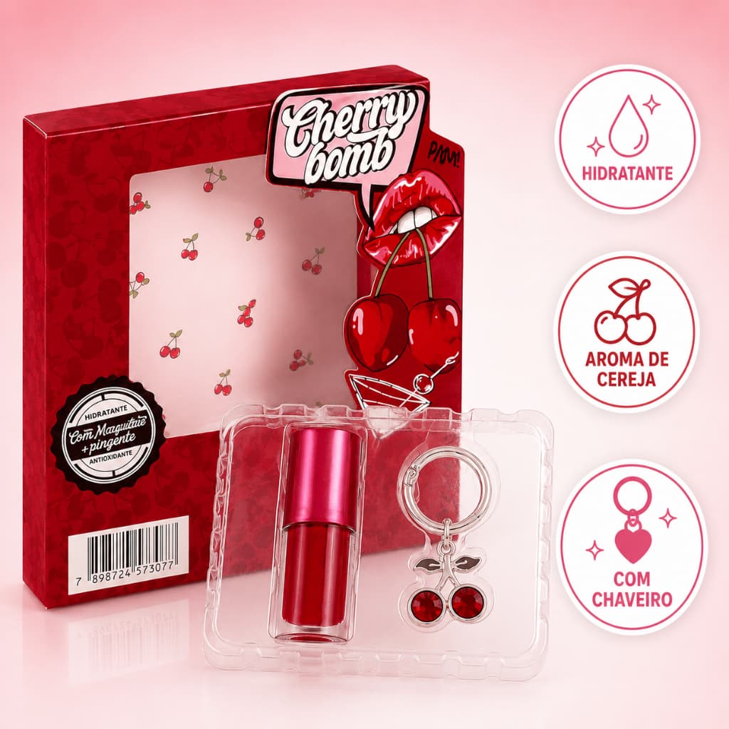 Gloss Labial Cherry Bomb Cereja com Chaveiro Brilho Labial