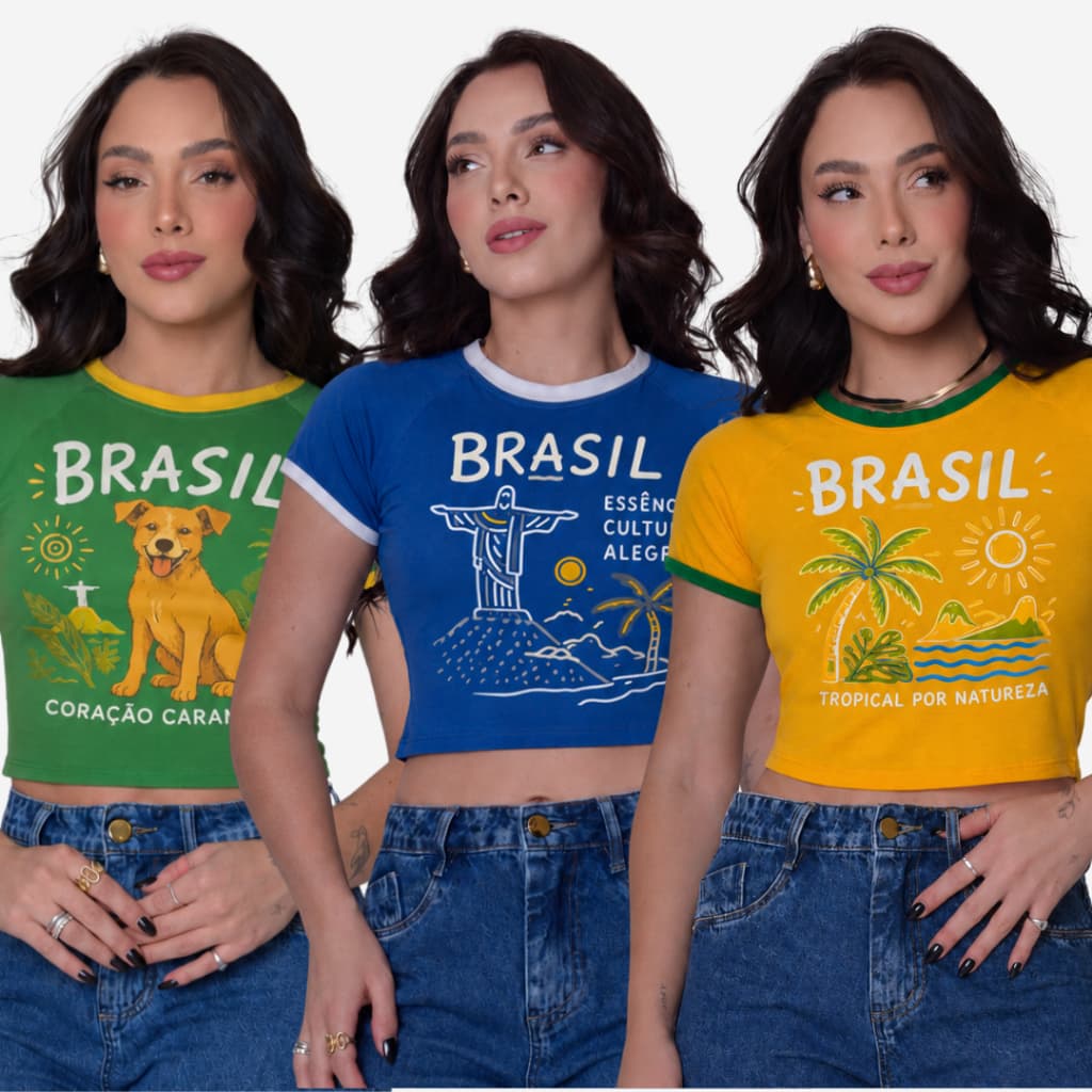 Camiseta Cropped Feminino Baby Look Brasil Estampada Tropical Rio de Janeiro Praia Verão Vira Lata Cachorro Caramelo