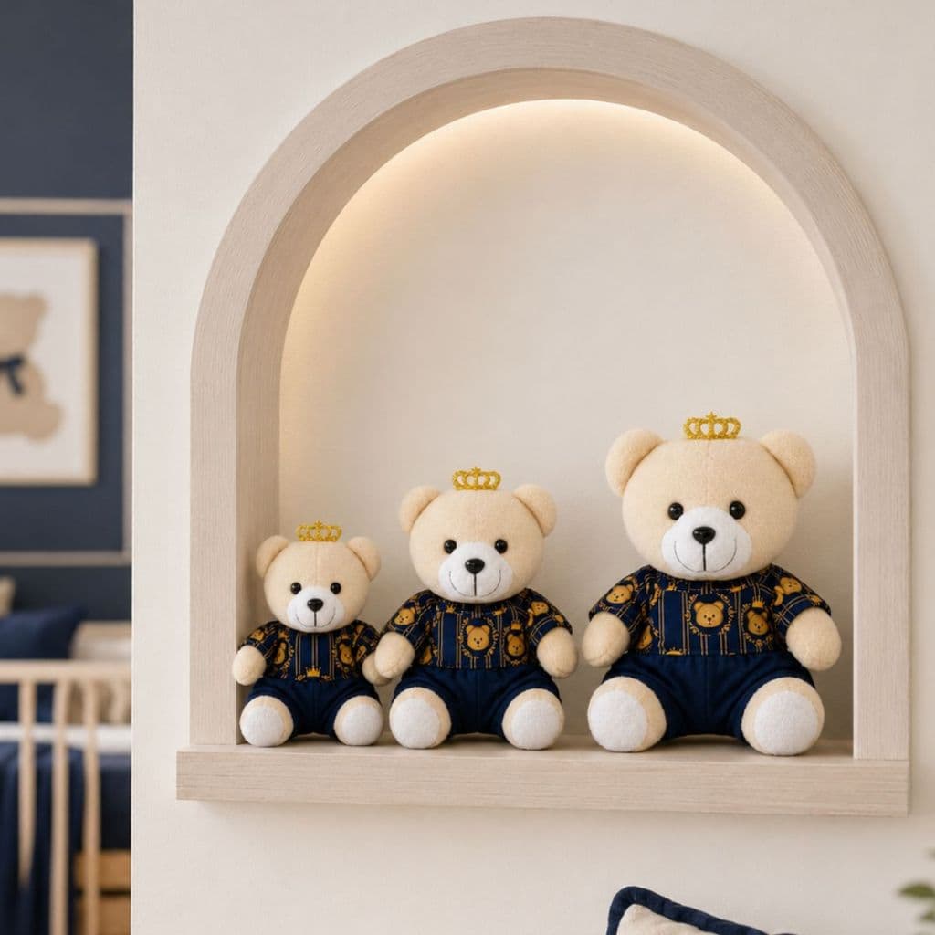 Trio Urso de Pelúcia Para Nicho Príncipe Ted com Coroa Quarto Bebê Decoração - Marinho