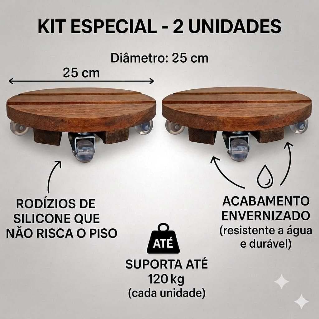 Kit 2 suporte para vaso de planta com rodinhas gel silicone não risca piso madeira envernizado 25 cm