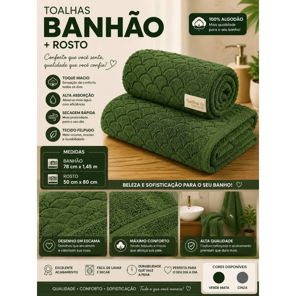 Kit Toalha Grande Banhão Skaly 4 Peças/ 2 Banho+ 2 Rosto 100%Algodão Luxo Premium