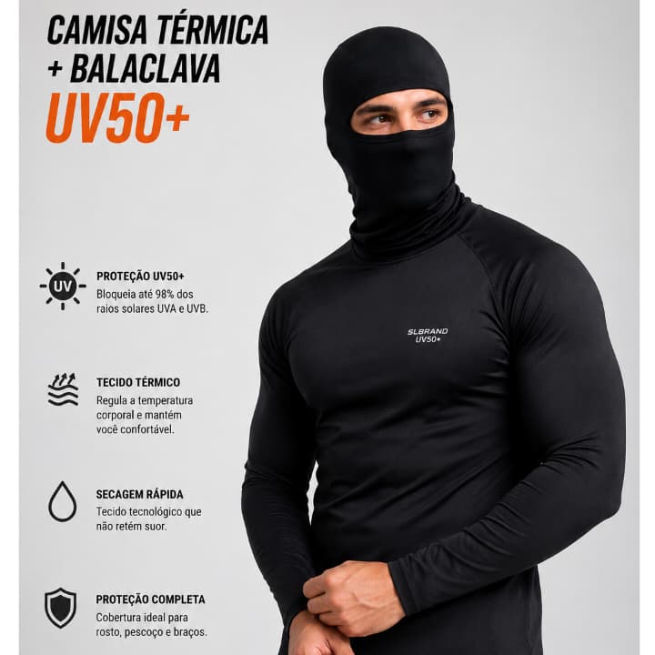 KIT Camisa Térmica com Balaclava Proteção UV 50+ Motociclista Segunda Pele Slbrand Envio Rápido