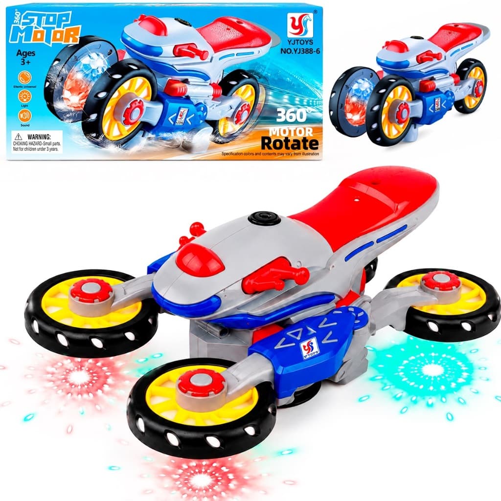 Moto Bate E Volta Gira 360 com Luz e Som Brinquedo Infantil Azul e Vermelho