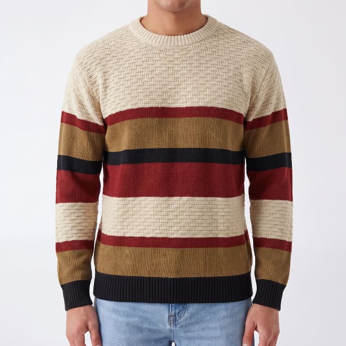 Blusa Masculino Suéter Gola Careca Trico Listrado Texturizado Confortavel Quente Casual  Macio Outono Inverno