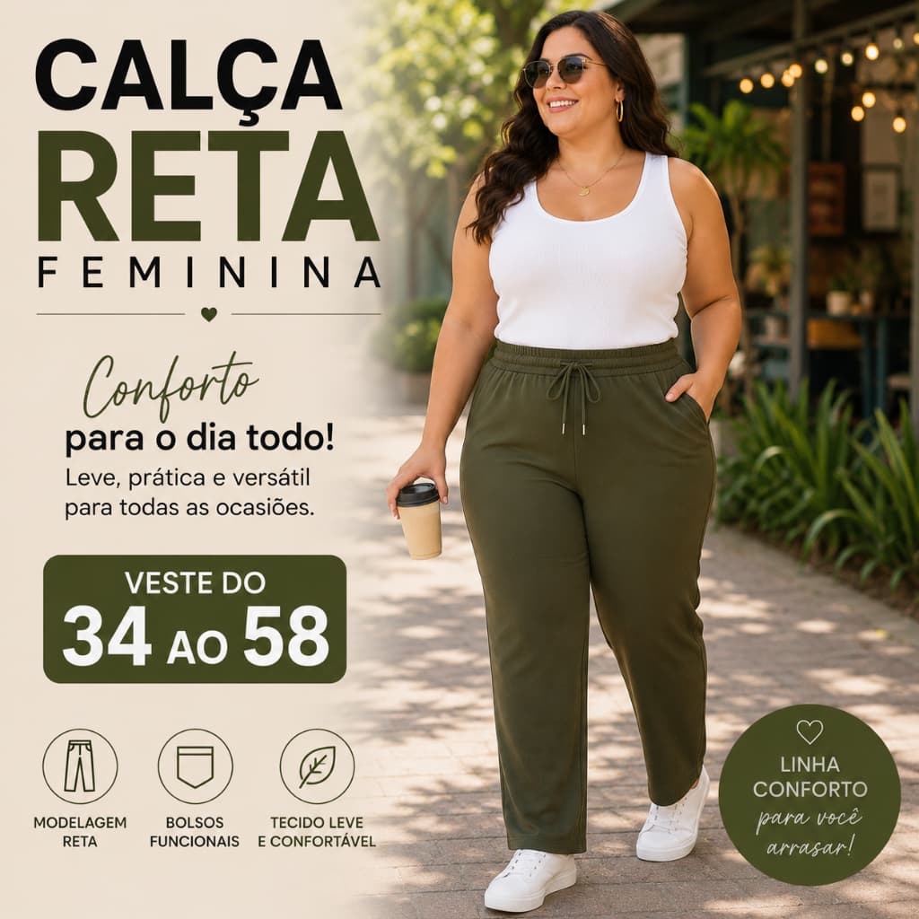 Calça Feminina Reta de Malha Cintura Alta com Elastico Bolso Confortavel Tamanho Plus Size 34 ao 58