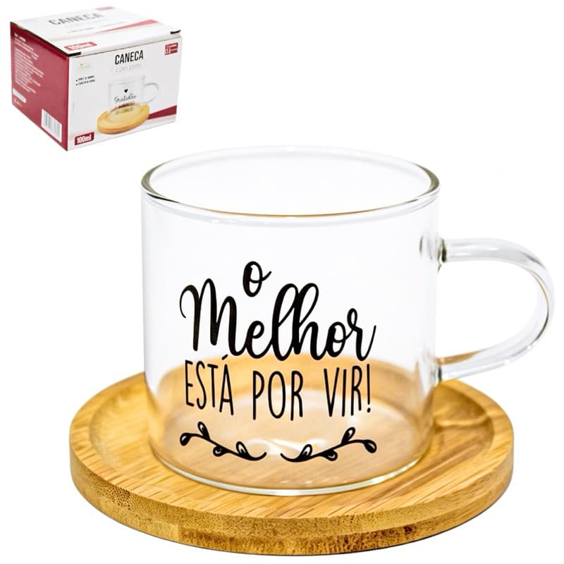 CANECA XICARA DE VIDRO BOROSSILICATO FRASES 100ML COM PIRES DE BAMBU