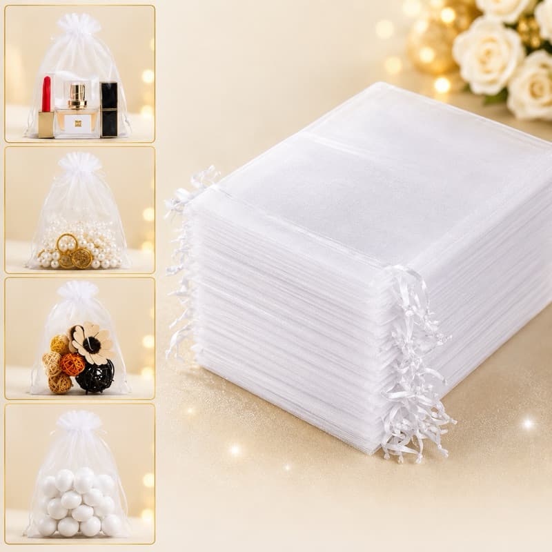 Kit 50,100 Saquinho Saco Organza 9x12 10x15 20x30 Branco Lembrancinha Joia