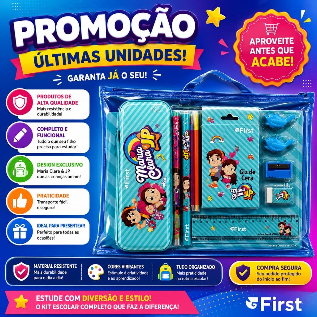🎒 Kit Escolar Maria Clara JP Completo Estojo Lápis Giz De Cera Régua Borracha Material Escolar Infantil