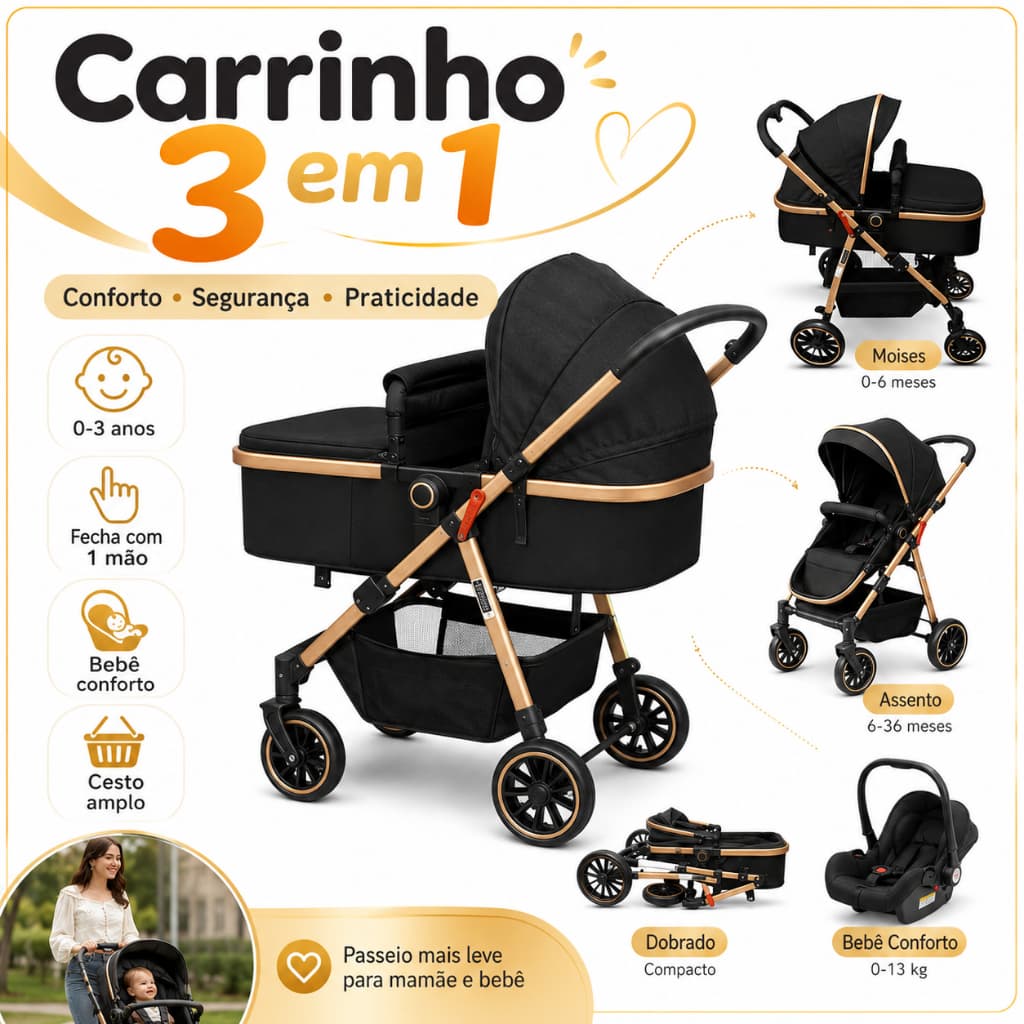 Carrinho de Bebê 3 em 1 Travel System com Moisés e Bebê Conforto, Dobrável com 1 Mão para Recém-Nascido