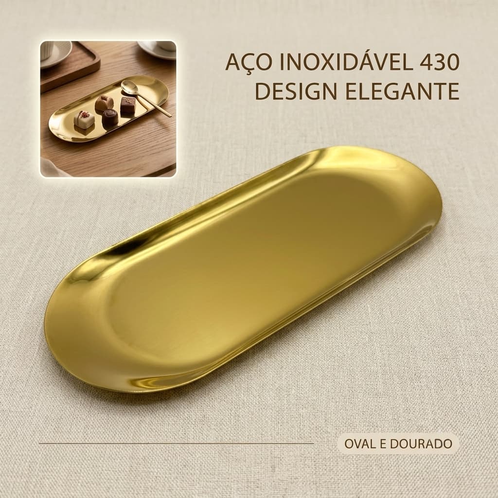 Bandeja Aco Inoxidavel 430 Luxo Decorativa para Jóias Alimentos Dourado