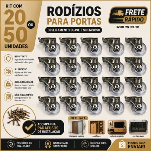 Kit Rodizios 20 ou 50 UNIDADES 38 mm Para Moveis Rodinha de Gel Fixa *PROMOÇÃO ATACADO* + Parafusos de Instalação