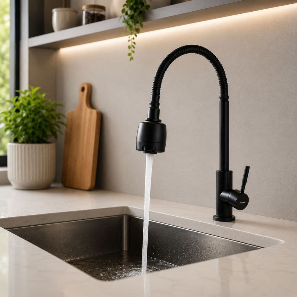Torneira de Bancada Gourmet Flexível | Preta | Em Aço Inox Giro 360° Duplo Jato Arejador Econômico