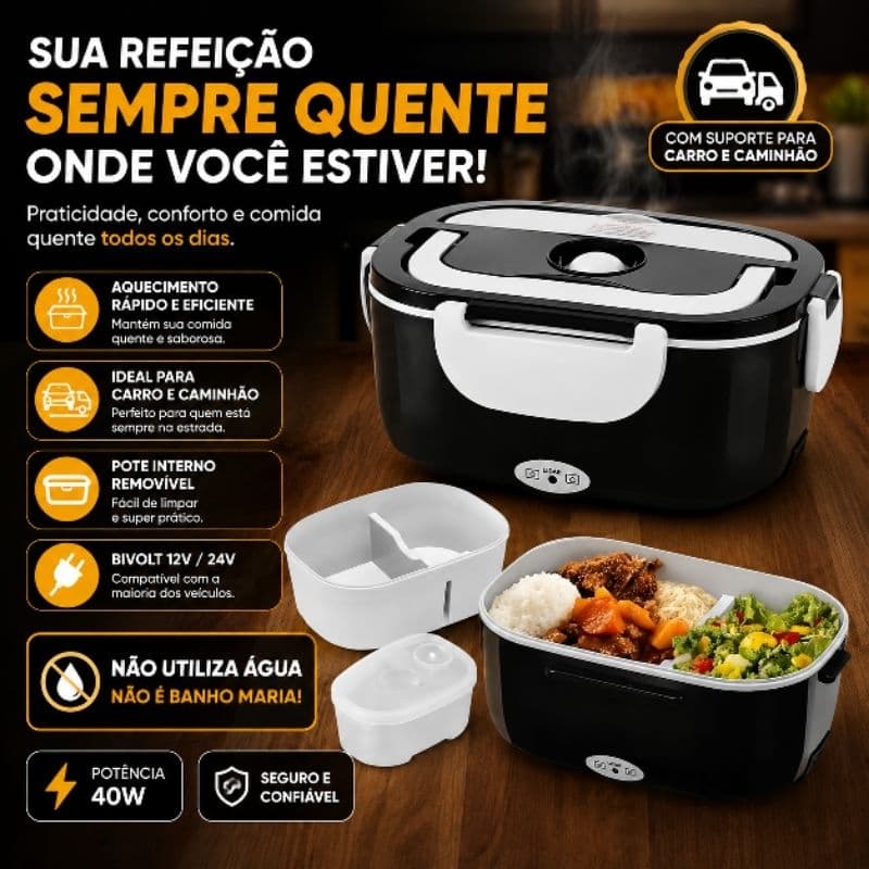 Marmita Térmica Elétrica 1,5L Bivolt 12V 24V 127V 220V Veicular e Residencial Aquece Refeições Portátil