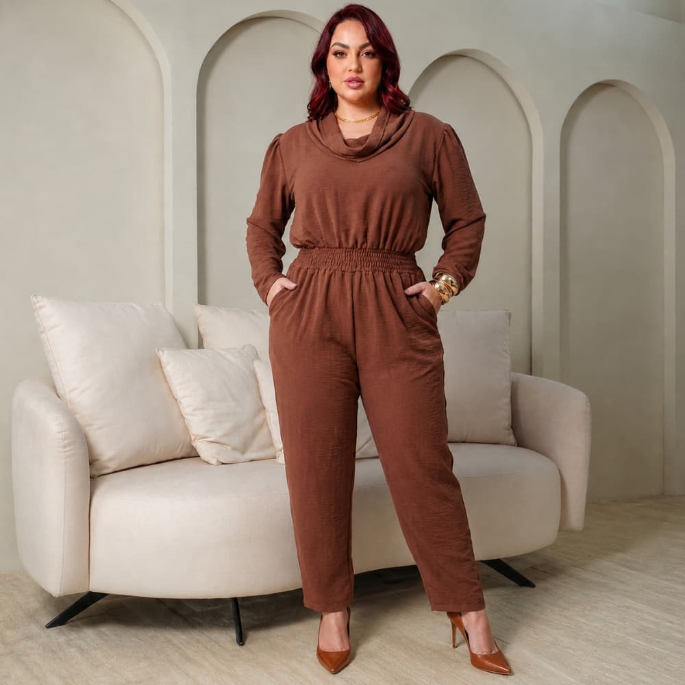 Macacão Gola Manga Longa Boba Feminino em Duna com Elastano - Estilo e Conforto