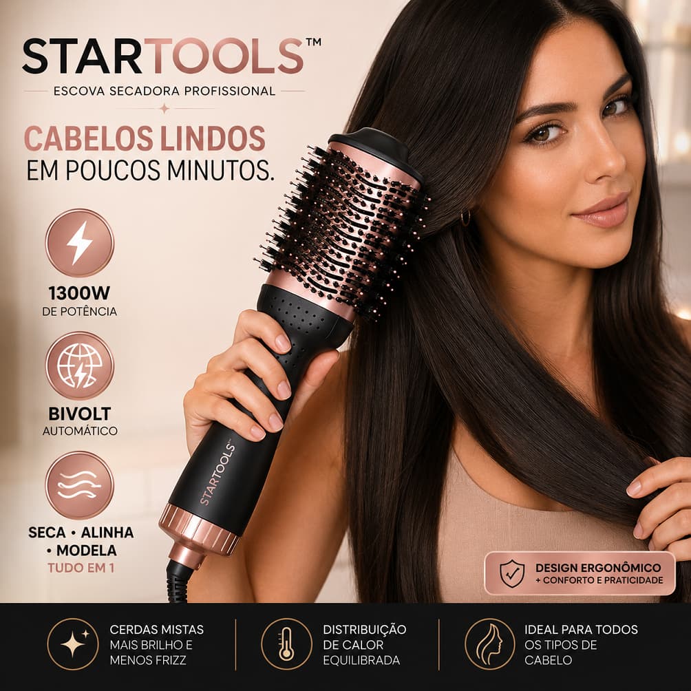 Escova Secadora Profissional Bivolt 1300W Escova Alisadora Modeladora STARTOOLS™