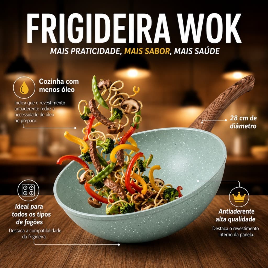 Frigideira Wok Antiaderente 28cm Nanocerâmica para Fogão Indução Gás Elétrico 3,6 Litros