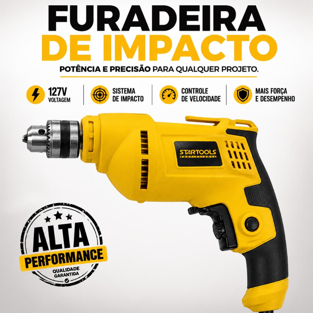 Furadeira Impacto Potente 127 Volts Alta Performance Ferramenta Amarela Profissional