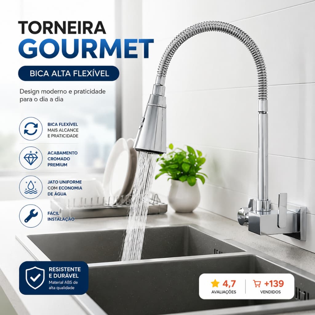 Torneira Gourmet Cozinha Flexível Bica Alta Quadrada Cromada ABS 360° Parede Premium