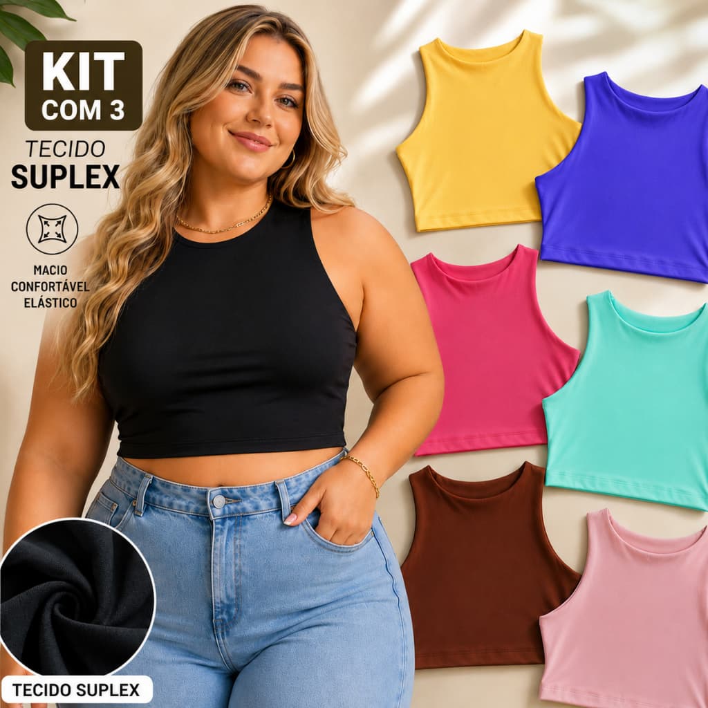 Kit 3 Cropped Feminino Plus Size Regata Suplex Duplo GG G1 G2 G3