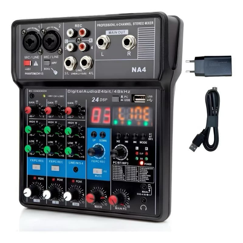 TEYUN 4 Canais Mixer De Áudio NA4 Console De Mixagem De Som 24 Efeitos DSP Portátil Profissional Entrada de computador