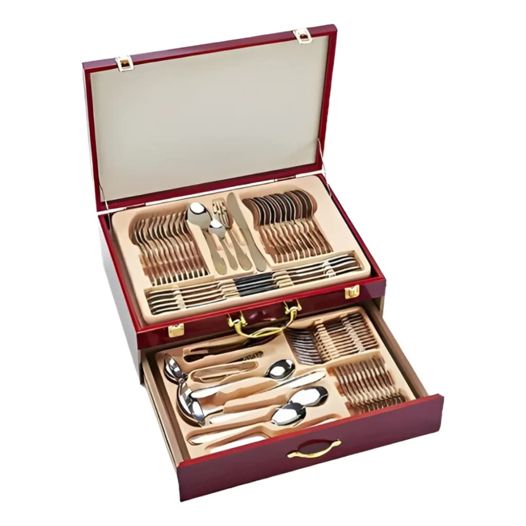Faqueiro Inox 84 Peças Talheres Banhado Ouro ou Prateado Maleta Madeira Luxuoso