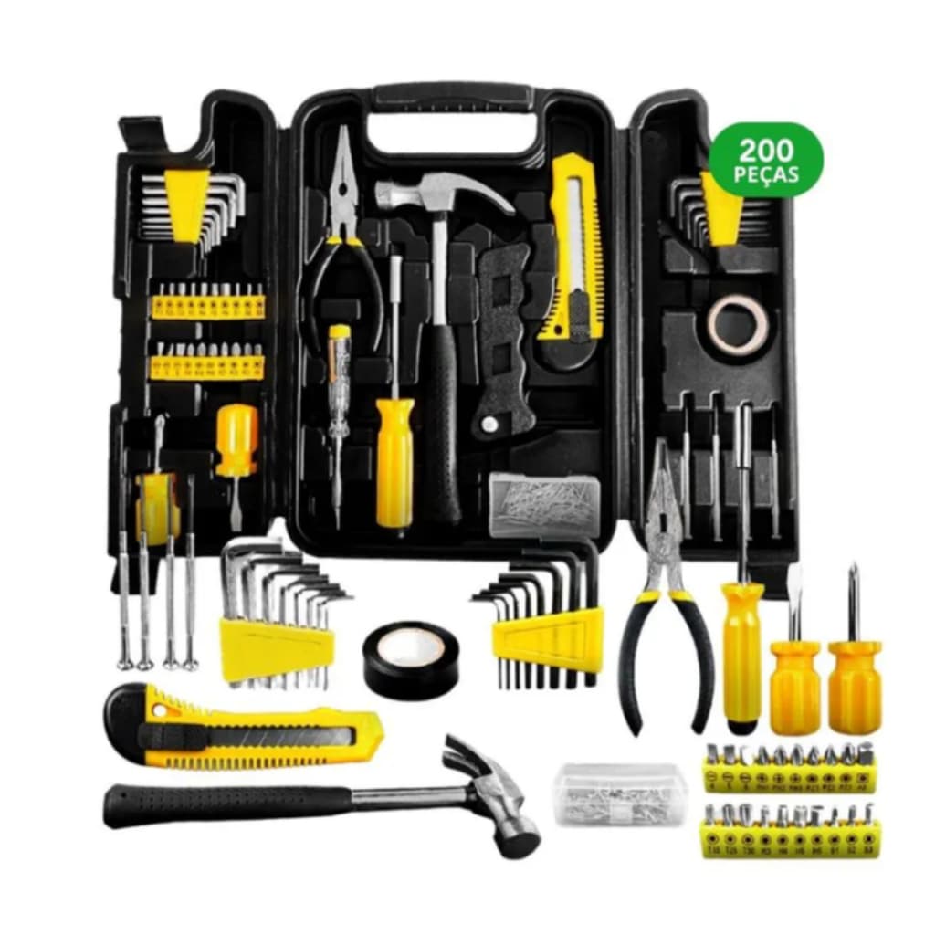 JOGO DE FERRAMENTAS COM MALETA 200 PEÇAS PRETA, KIT COMPLETO, RESISTENTE E IDEAL PARA REPAROS E MANUTENÇÕES!