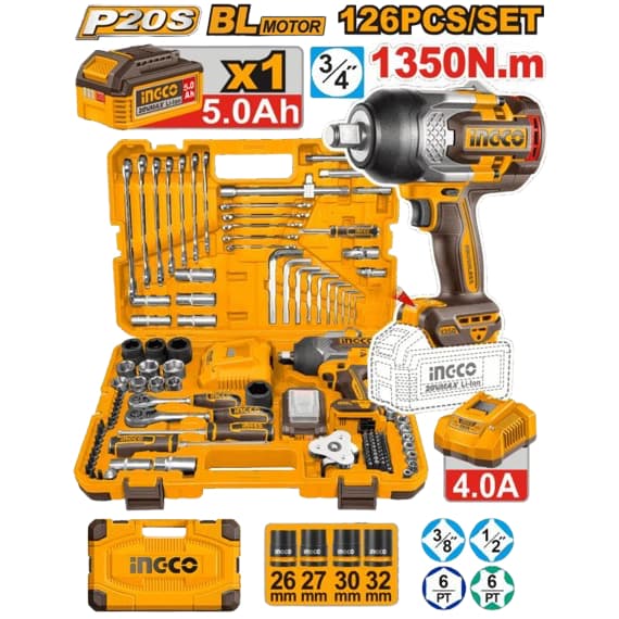 Kit Chave De Impacto Ingco 20V Brushless 1350Nm 3/4 126 Peças 1 Baterias 5Ah E Maleta HKTHP31261