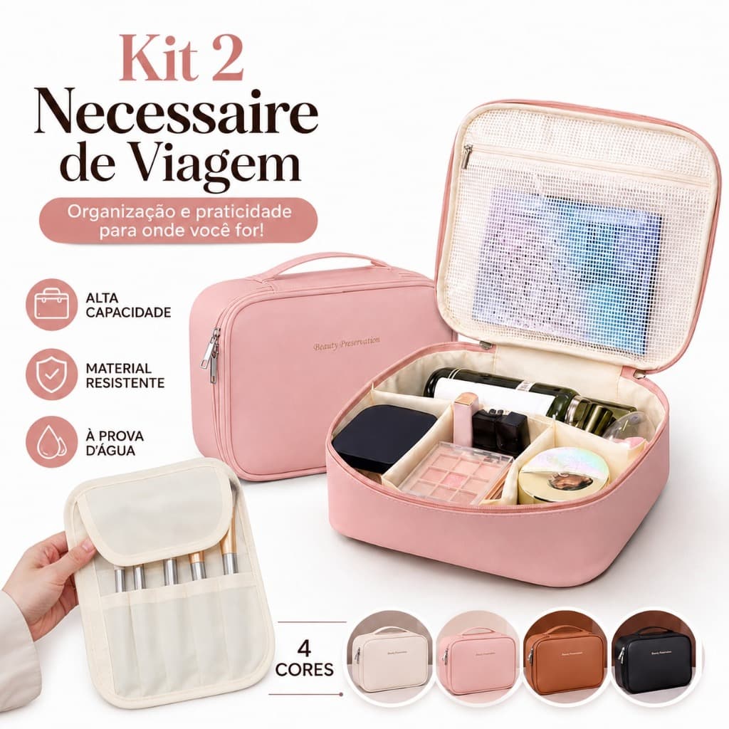 Kit 2 Necessaire Feminina de Viagem Alta Capacidade Impermeável com Zíper