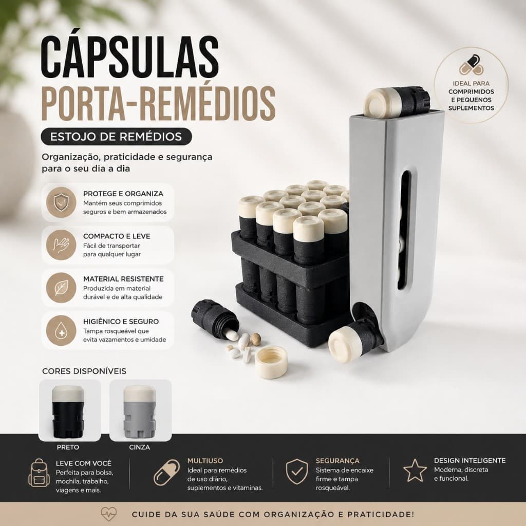 Cápsula Porta-Remédios em Impressão 3D – Estojo Compacto para Comprimidos