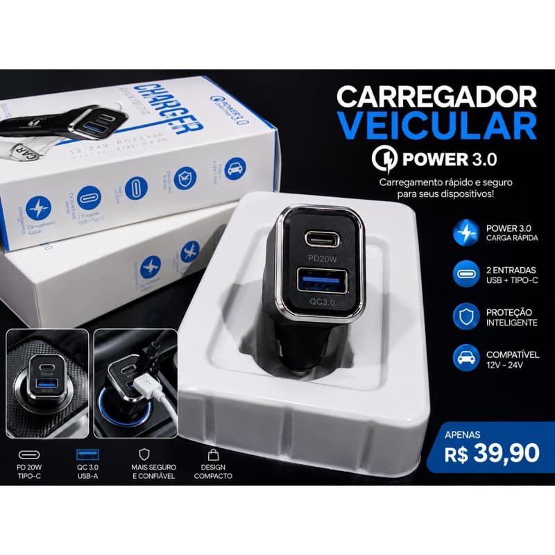 Carregador Veicular Turbo Duas Entradas USB| Tipo-C