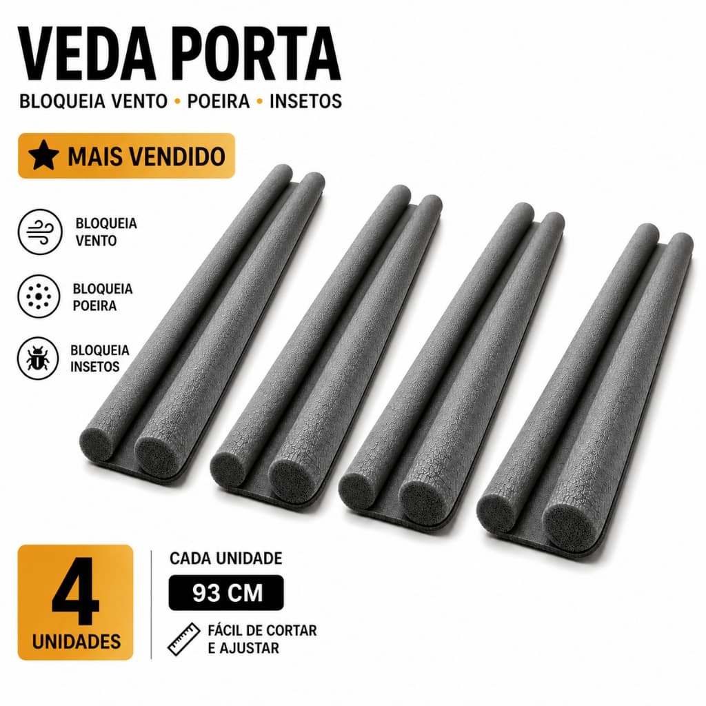 Kit 4 Veda Portas Espuma 93cm Vedação Inferior Porta Bloqueia Corrente Ar Poeira Insetos Anti Ruído