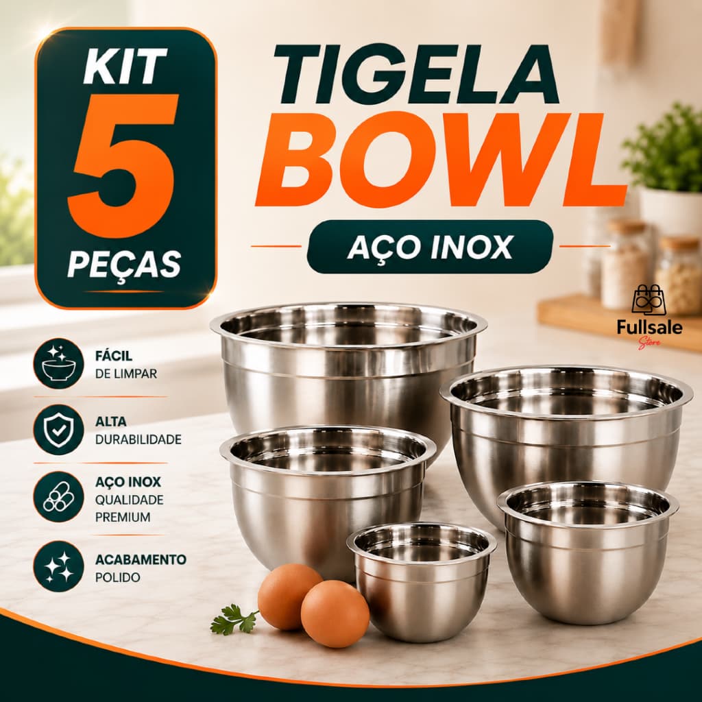 Kit 5 Tigelas Bowl Aço Inox Inoxidável Saladeira Bacia Empilhável Cozinha Resistente Premium
