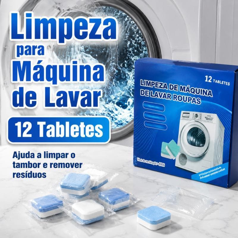 Pastilha Efervescente Limpa Máquina de Lavar | Escolha 12, 24 ou 36 Unidades | Remove Resíduos e Odores