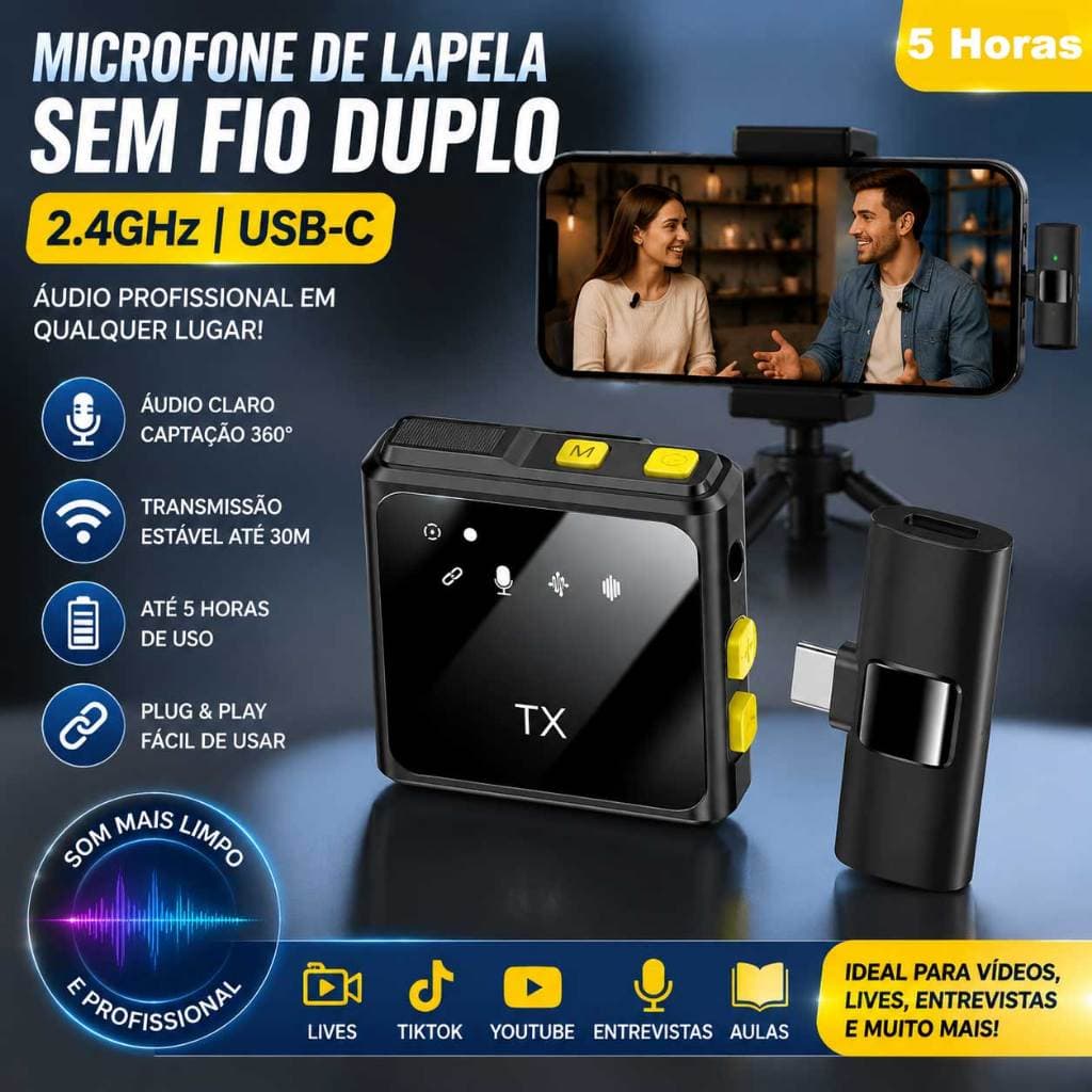 Microfone de Lapela Sem Fio Vlog Lapela Anti Ruído Profissional Compatível Tipo C e iPhone