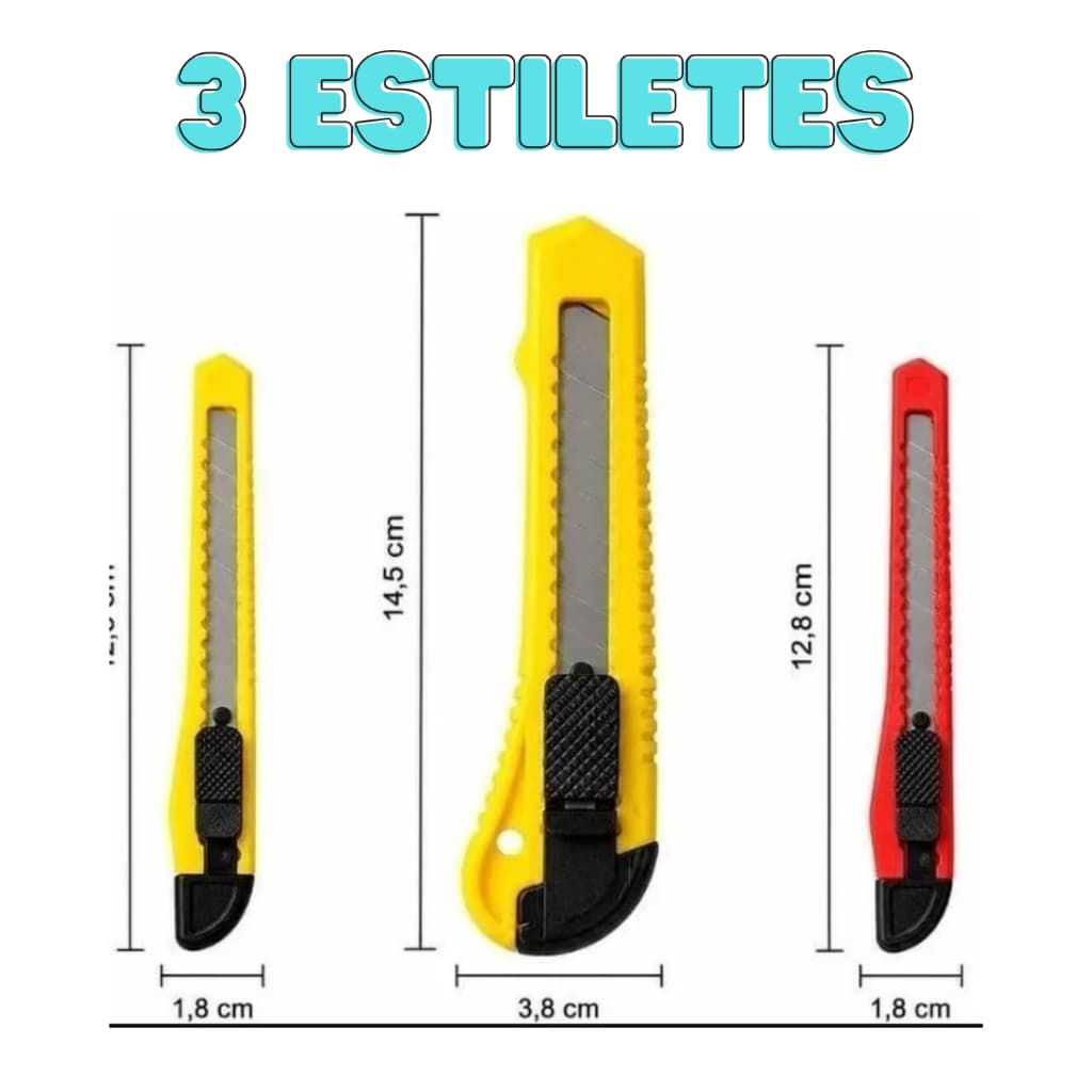 Jogo 3 Estiletes Profissionais Bomvink 18mm 9mm Aço Carbono Estilete Plástico 18mm -CORES SORTIDAS