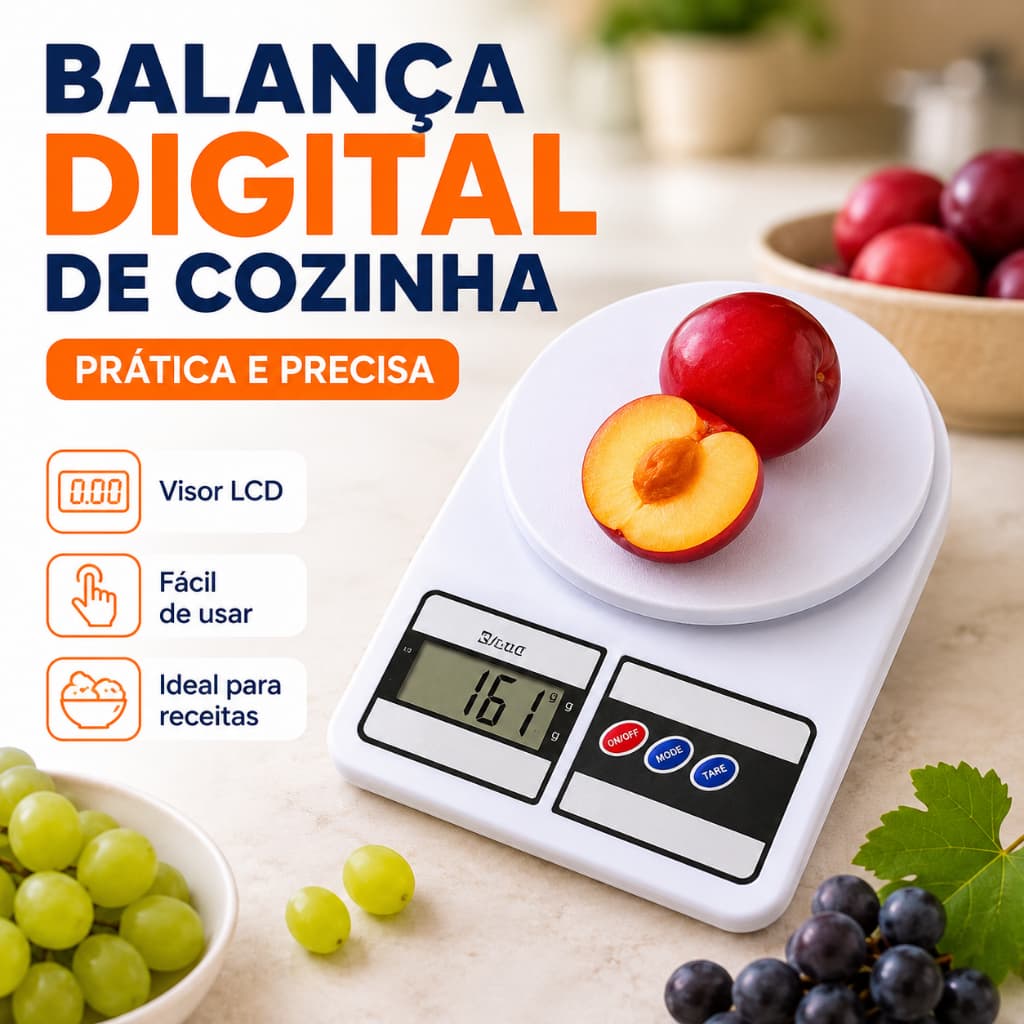 Balança Digital de Cozinha 10kg Precisão 1g Função Tara Visor LCD para Alimentos e Receitas