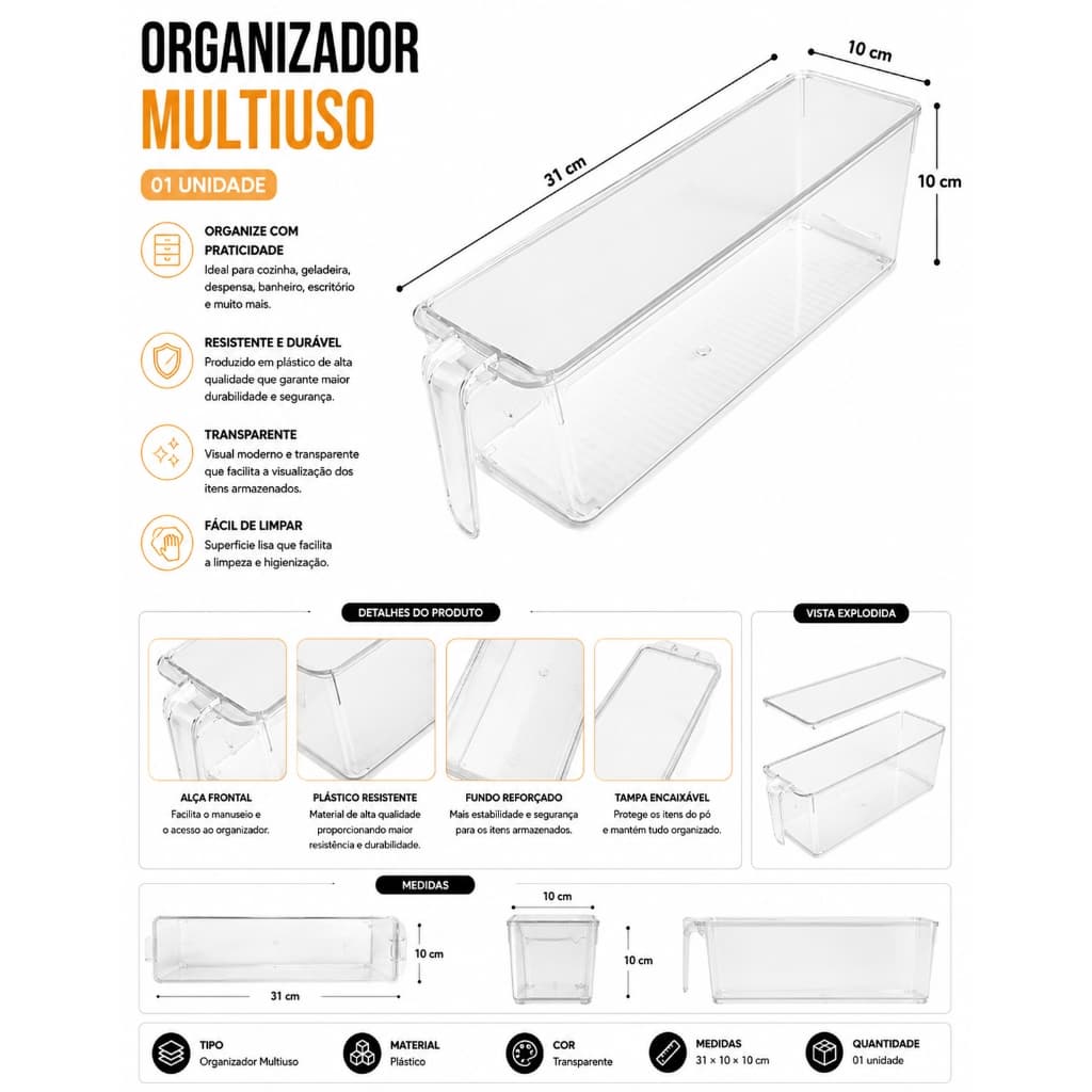 Organizador Multiuso Transparente 31x10x10cm para Geladeira Armário Despensa e Cozinha