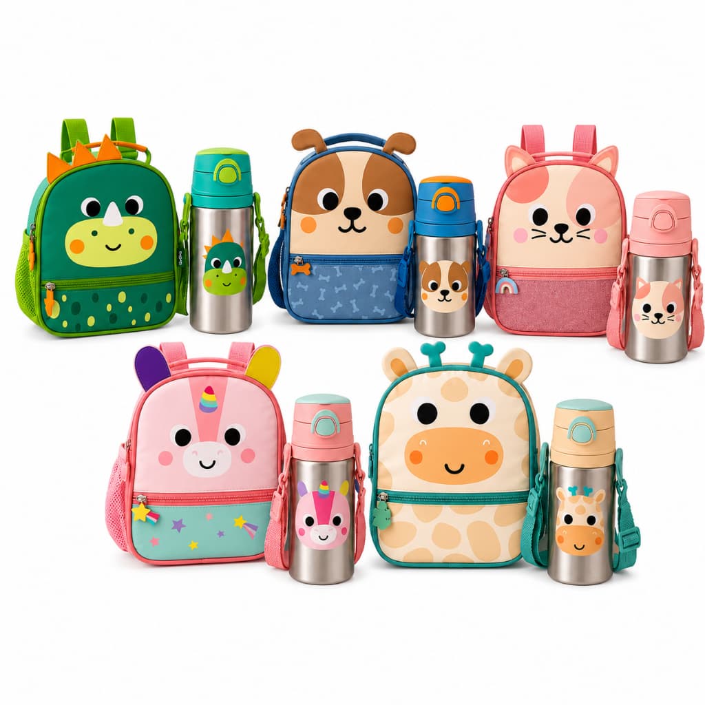 Lancheira Térmica + Garrafa De Alumínio Buba Animais Escolar Viagem Passeio Bolsa Mochila Criança Bebê