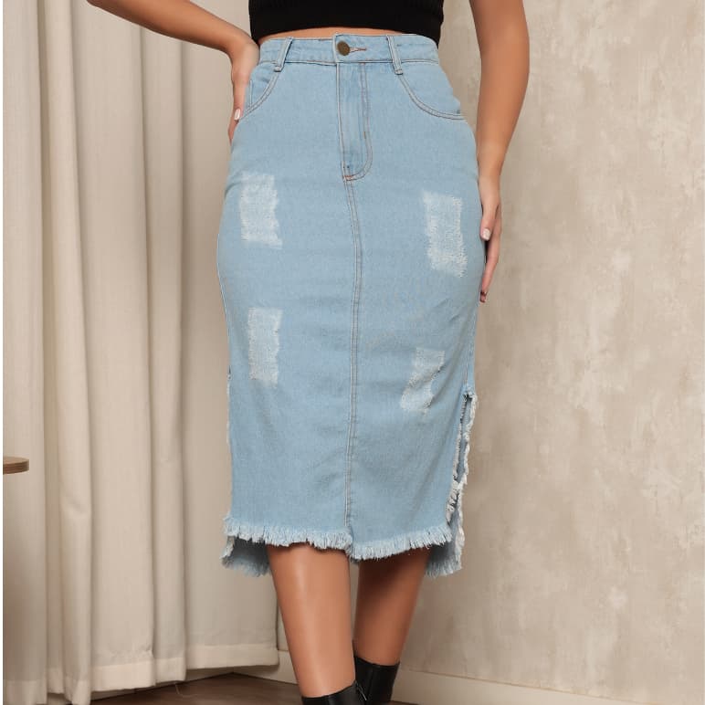 Saia Jeans Secretária Evangélica C/ Botões Cós Alto Lavagem