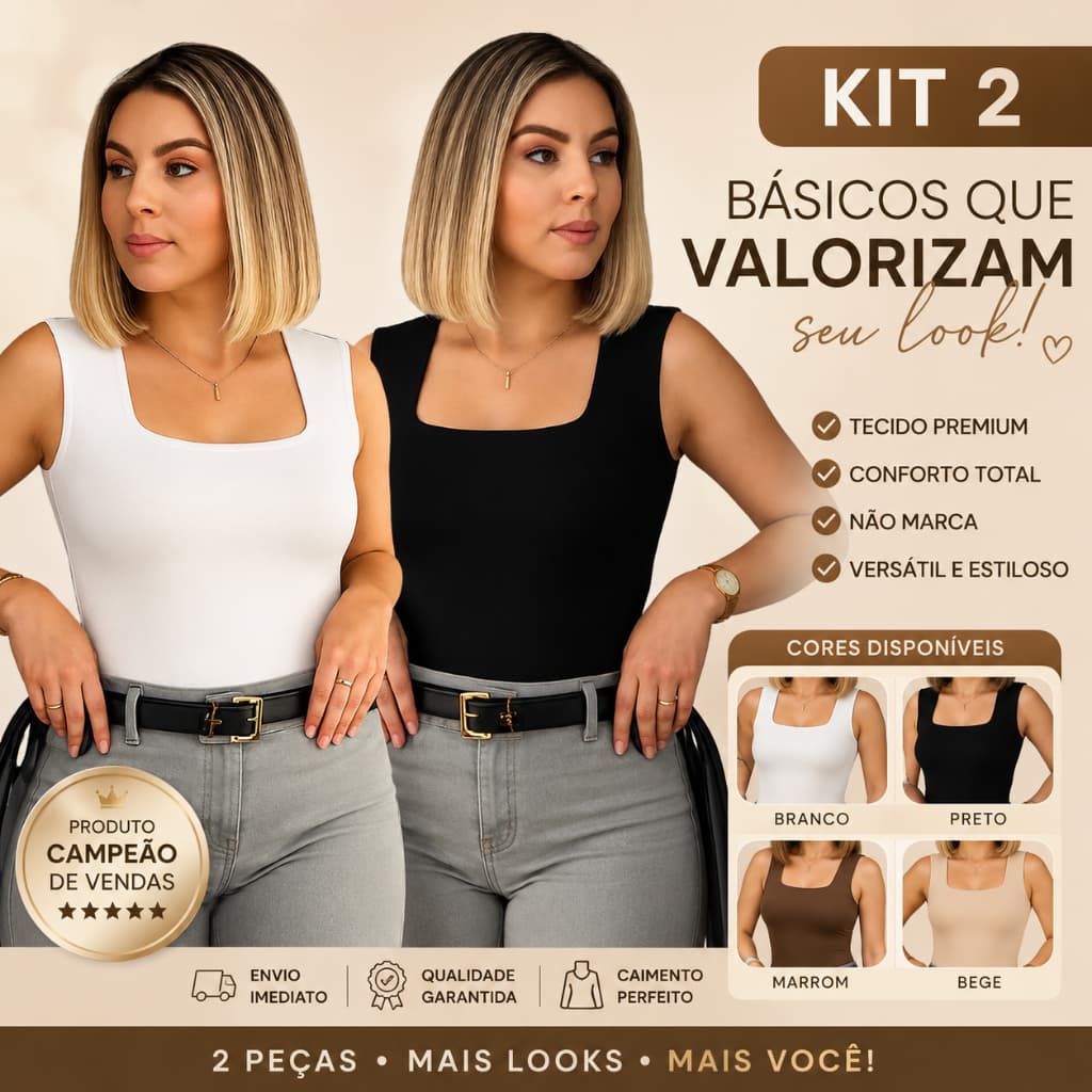 Kit 2 Regatas Femininas Decote Quadrado Suplex Lisa Básica Verão Casual Elegante Sem Transparência