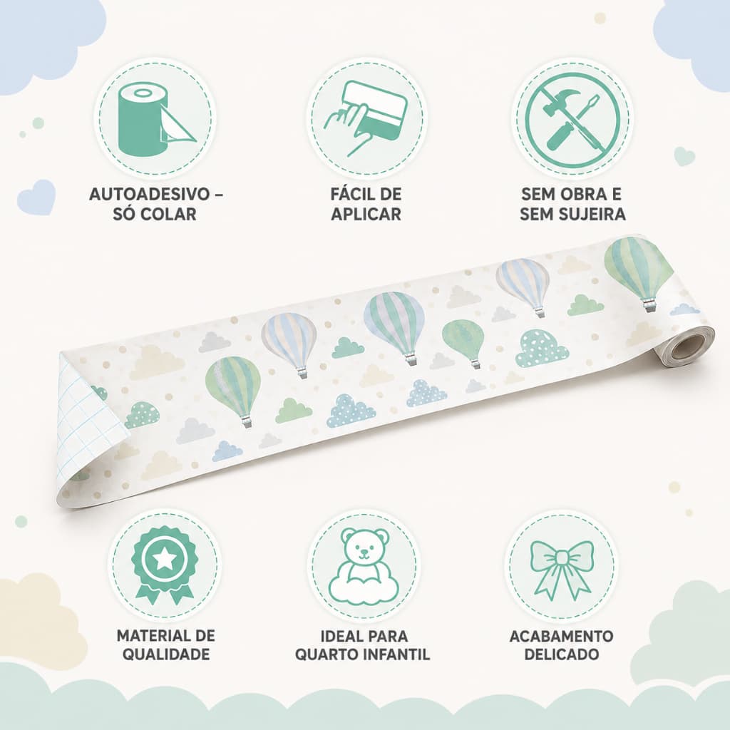 Faixa Decorativa Adesiva Infantil Papel de Parede 15cm x 2m Balão Nuvem Infantil Quarto Bebê Autoadesivo