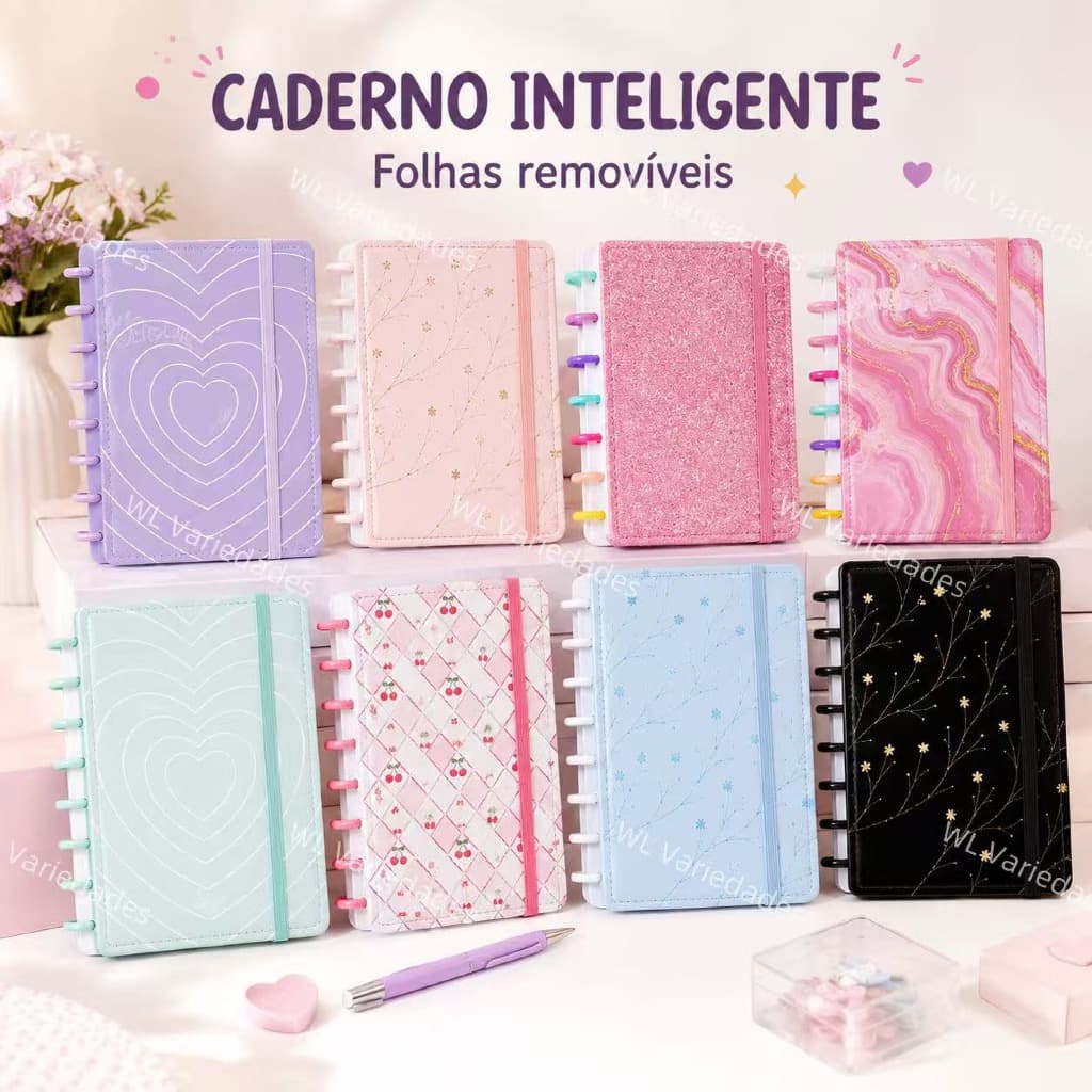 Caderno Inteligente com Folhas Removíveis Estampada Cor Lisa  Sistema de Discos Capa dura A5/B5/A4