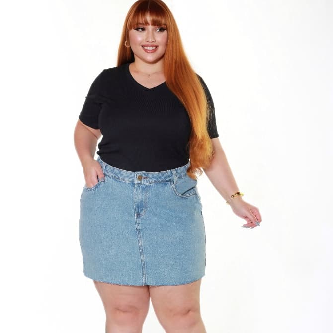 INFINITO MODA Mini Saia Jeans PLUS SIZE Desfiada Na Barra Bolso Zíper
