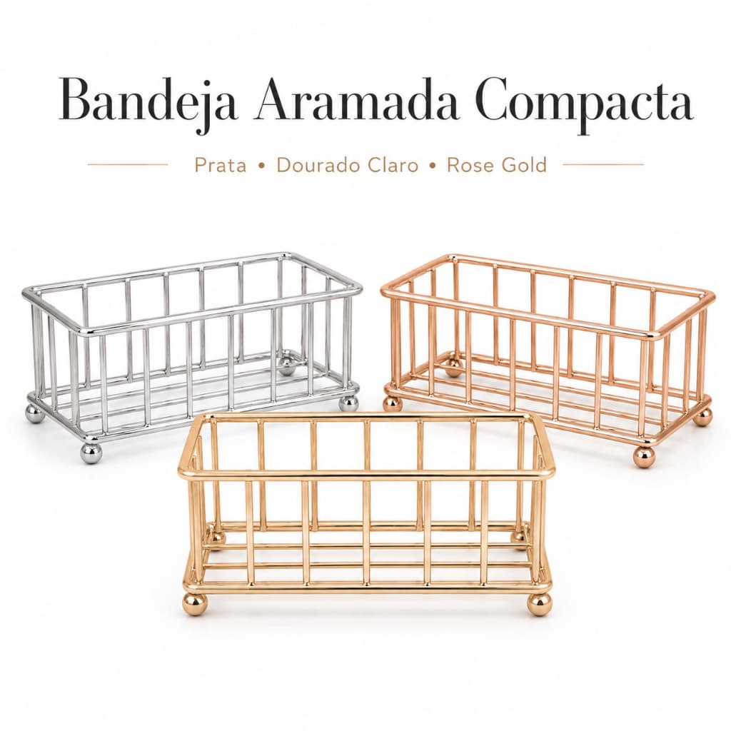 Bandeja Organizadora Aramada 15cm para Lavabo Condimentos Perfumes e Cosméticos Prata Dourado e Rose Gold