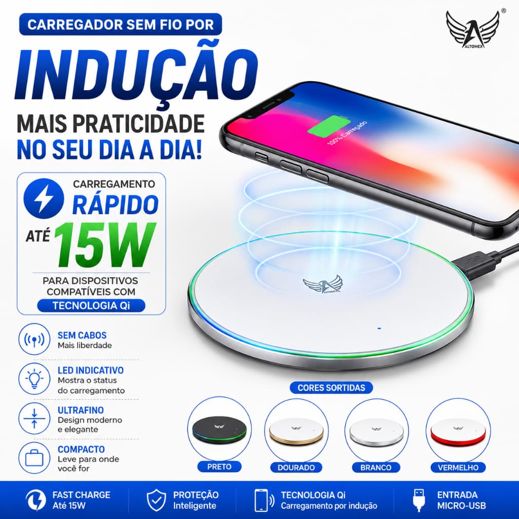 Carregador Sem Fio 15W por Indução Qi Wireless Fast Charge LED Altomex AW-69 para Celular