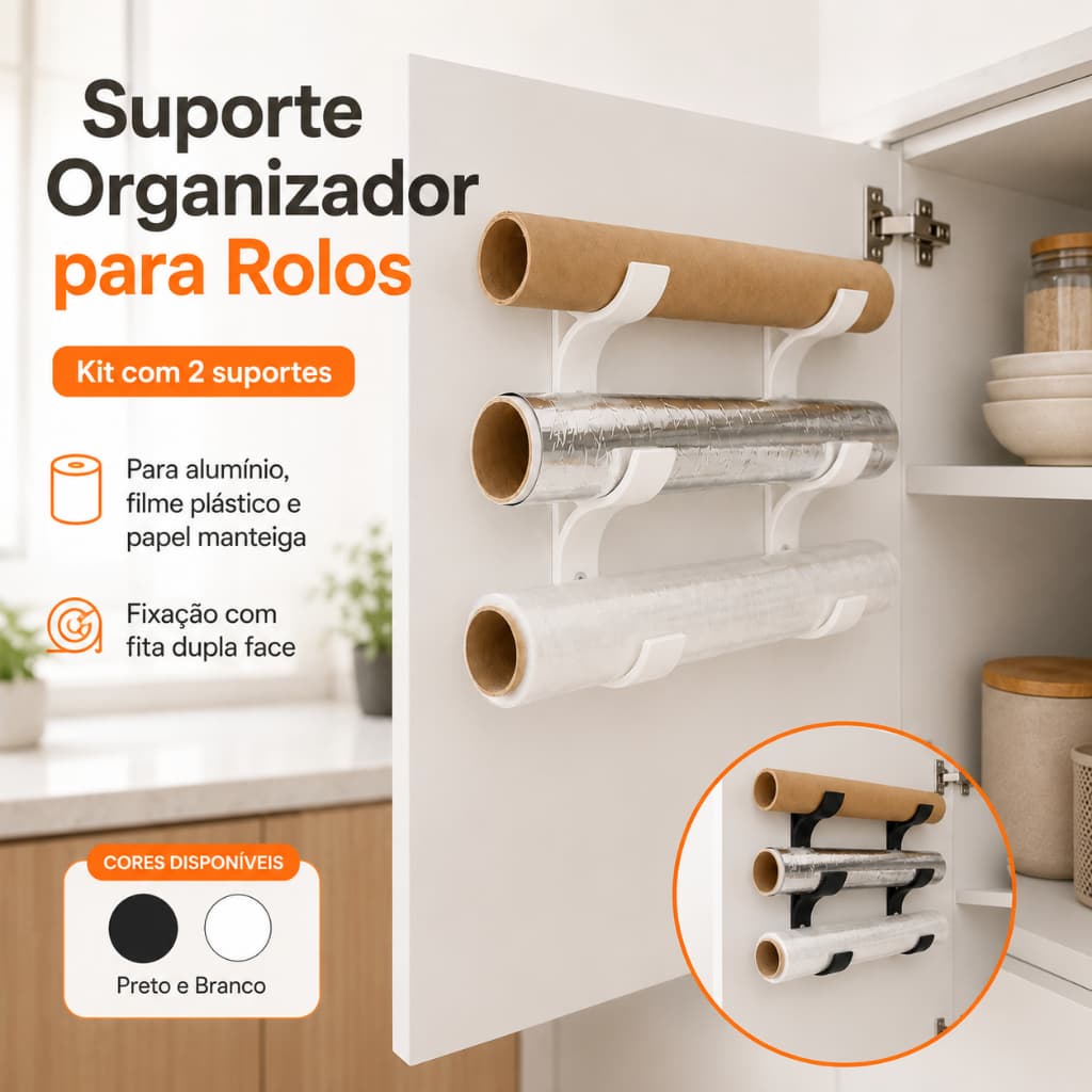 Suporte Organizador para Rolos de Cozinha Alumínio, Filme Plástico e Papel Manteiga Organização Armário Menos Espaço