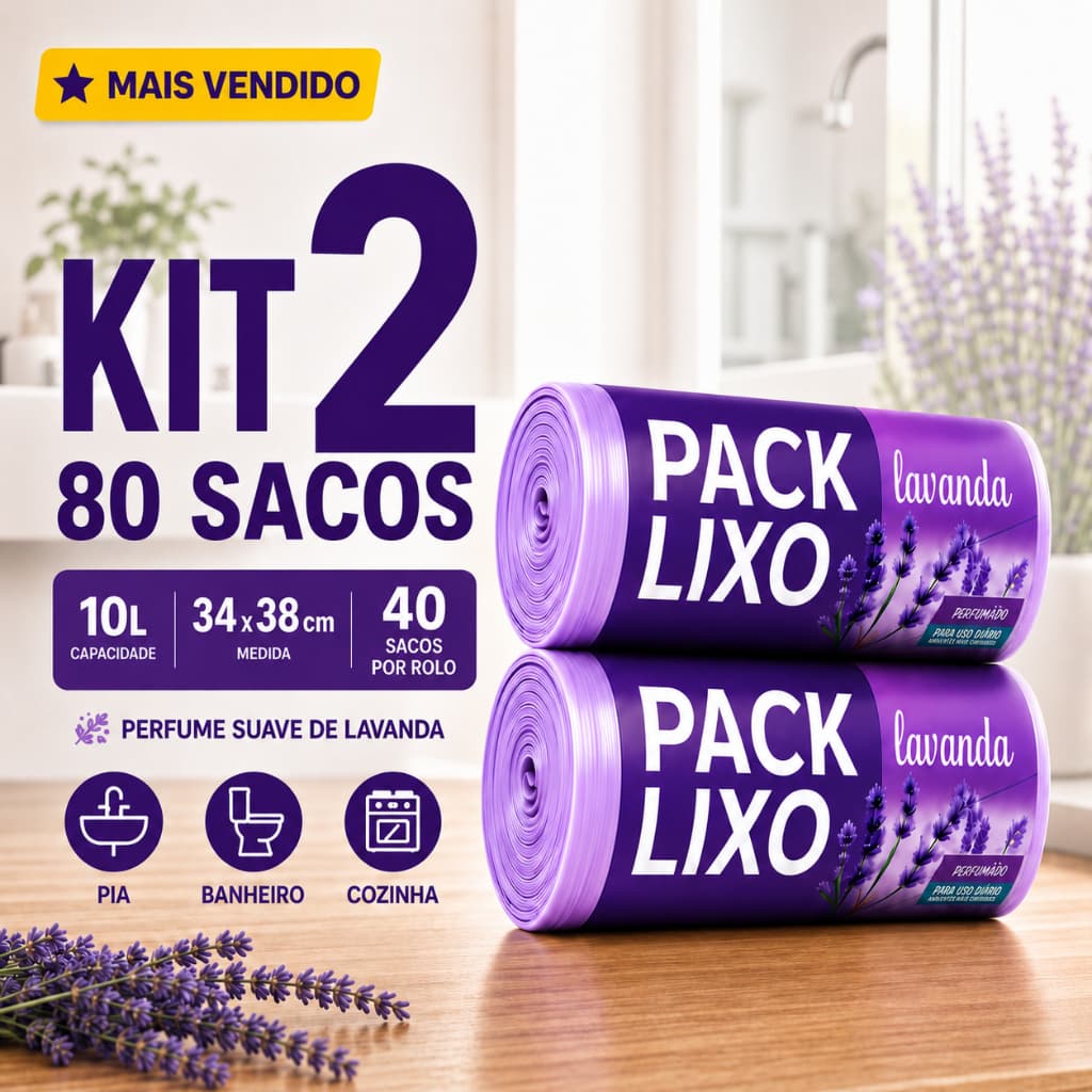 Saco de Lixo Perfumado Lavanda 10L Kit 2 Rolos 80 Sacos Banheiro Pia Cozinha Resistente Antiodor